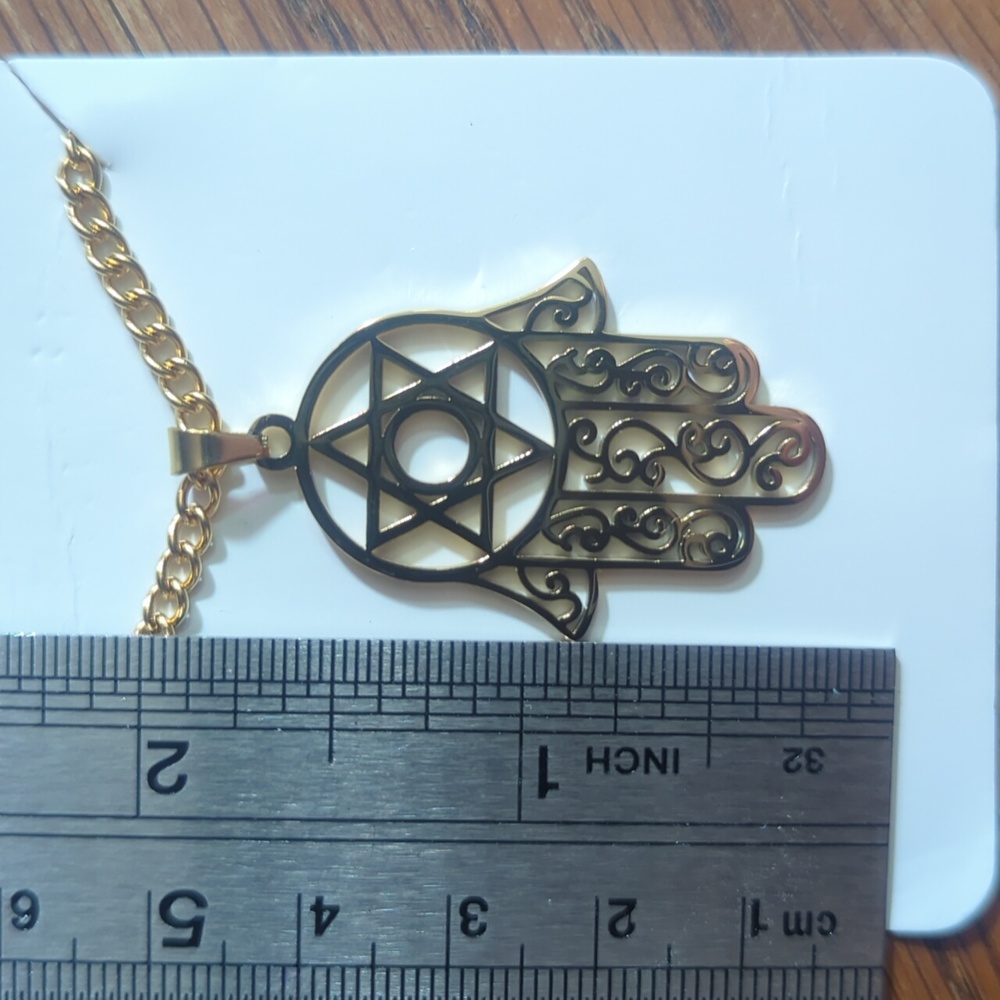 Hamsa aka Hand Of Fatima + Star Of David inset Pendant Necklace - Picture 4 of 7